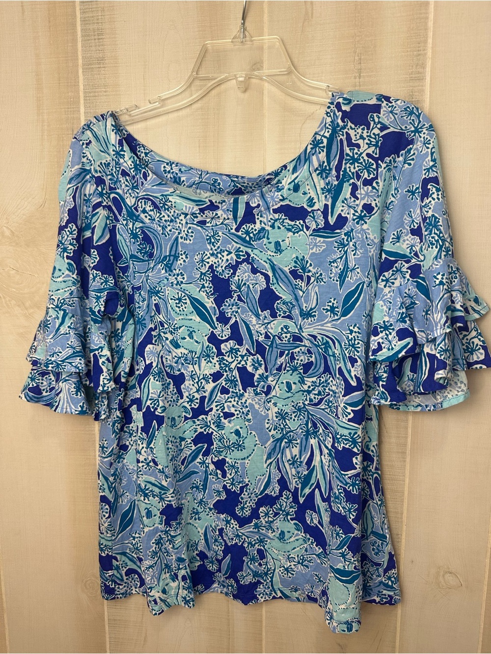 Lilly Pulitzer Blue Floral Ruffle-Sleeve Women's Top